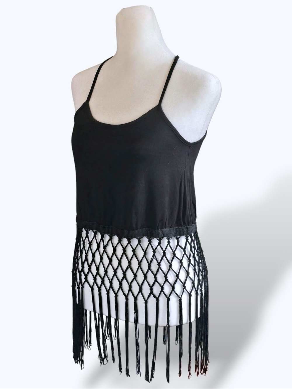 🟣 Rue21 Y2k Black Hanging Fringe Cropped Halter Strap Tank XSmall Mesh Fishnet - Picture 3 of 12